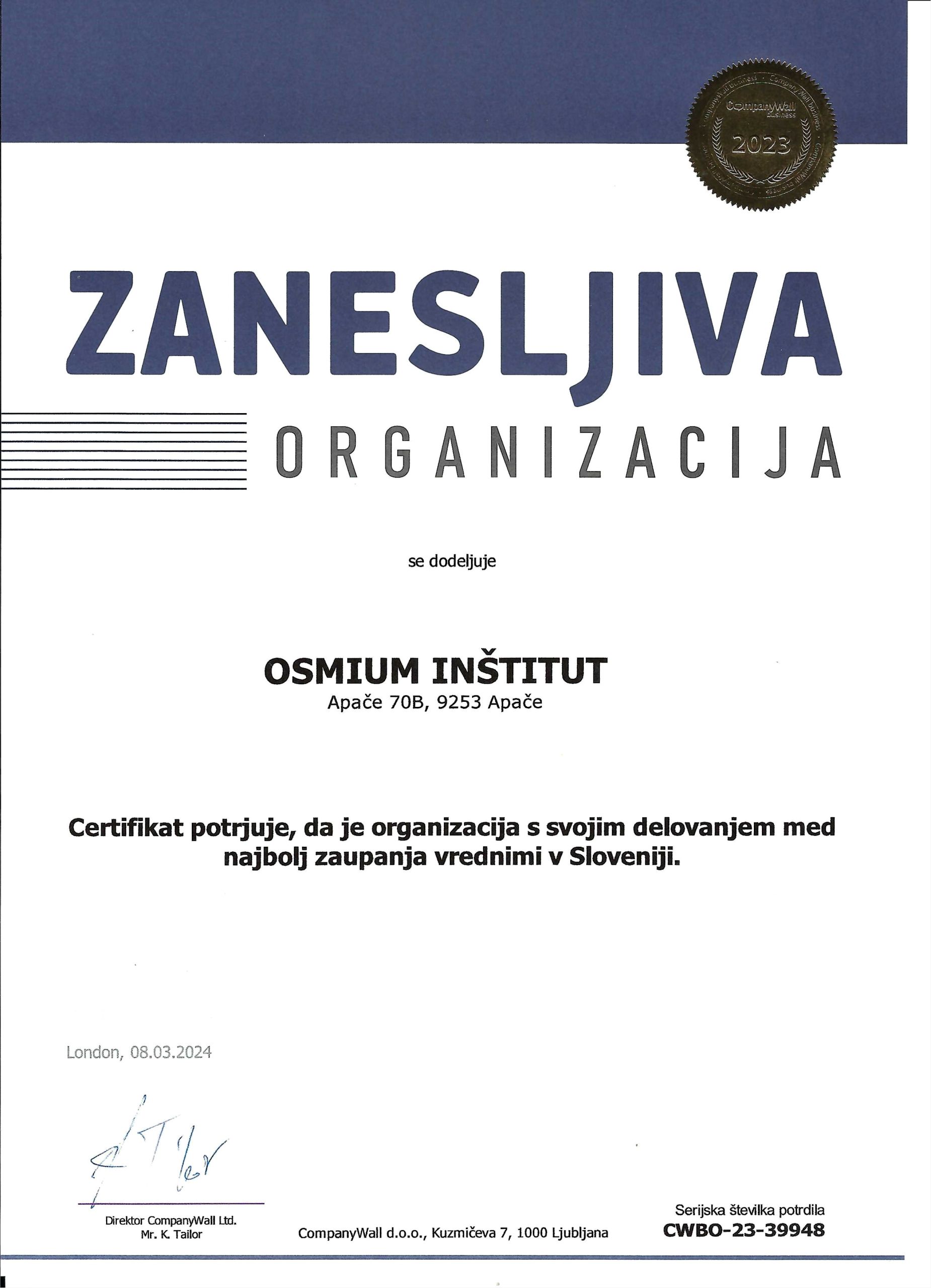 Osmium institut Slovenija Zanesljiva organizacija 2023 scaled